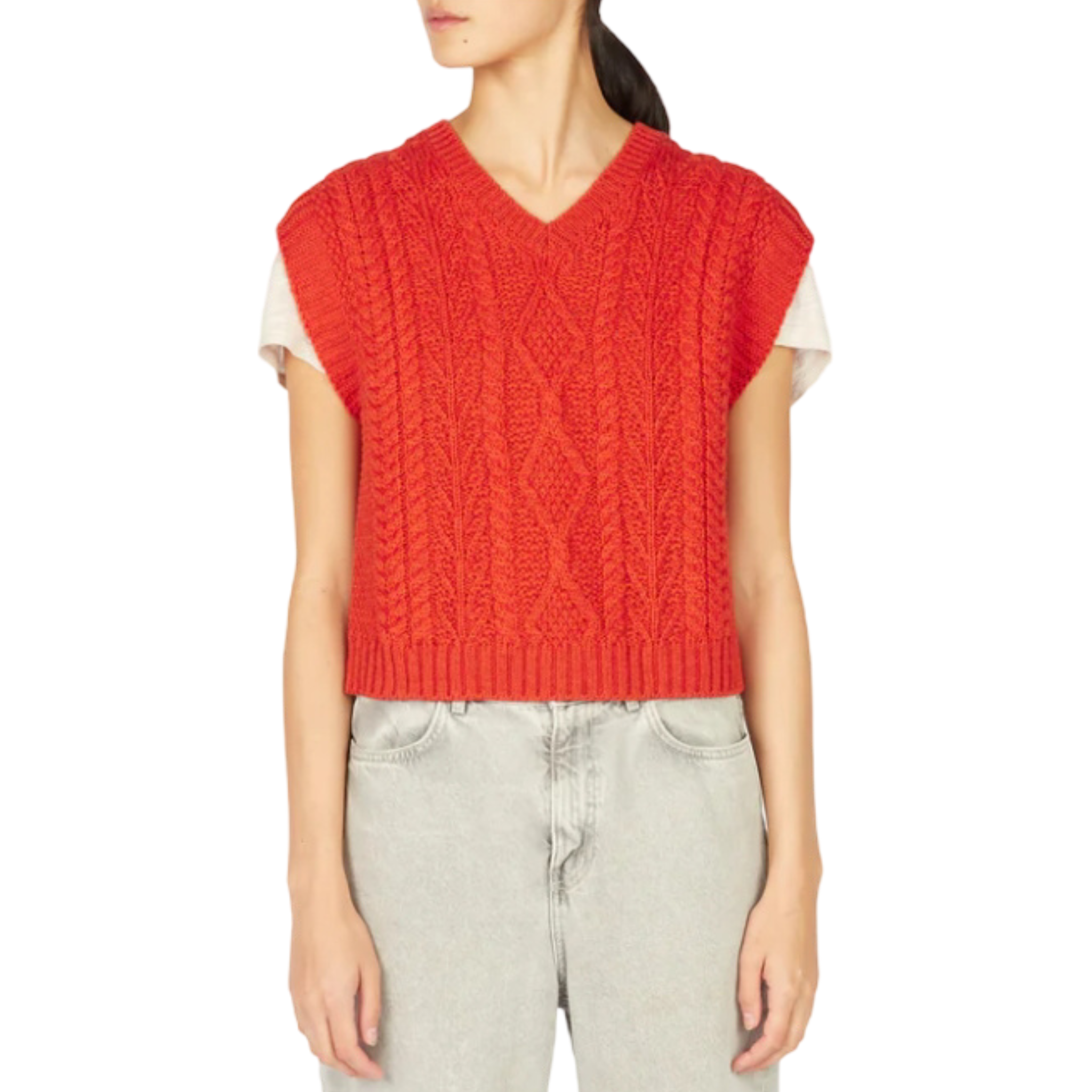 Aran Merino Wool Orange V-Neck Vest