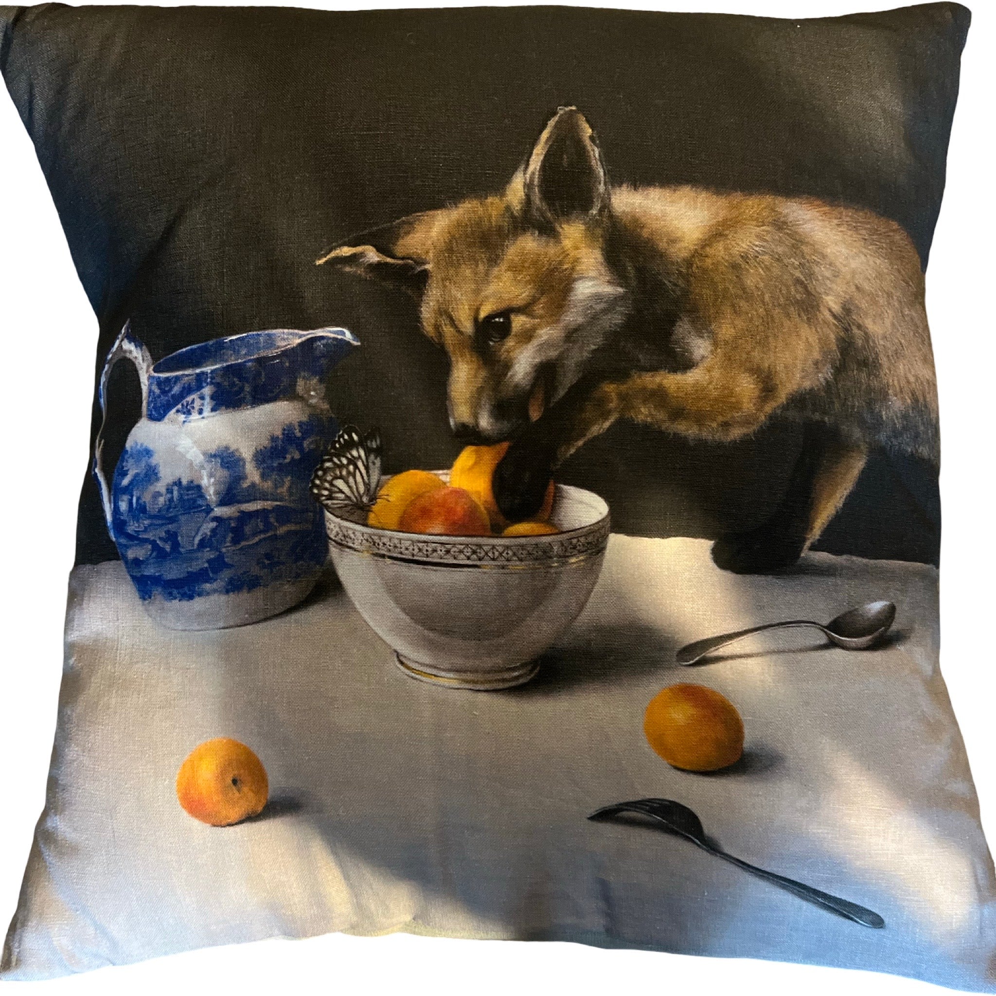 Anita Mertzlin Fox Cub and Apricot Linen Cushion 55cmx55cm