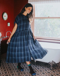 Montaigne Juliette Blue Check Button Up Linen Dress
