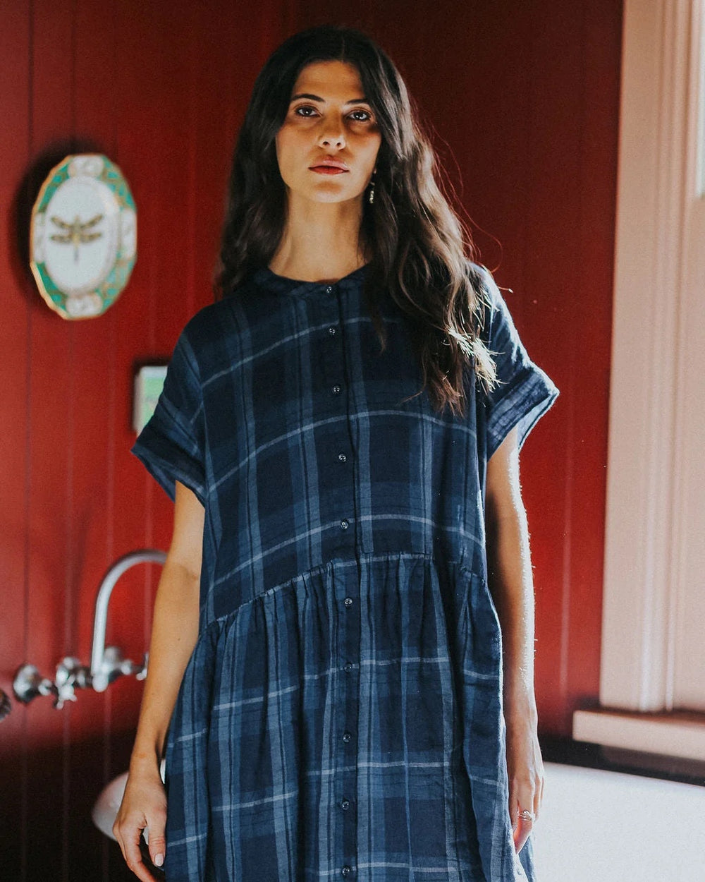 Montaigne Juliette Blue Check Button Up Linen Dress