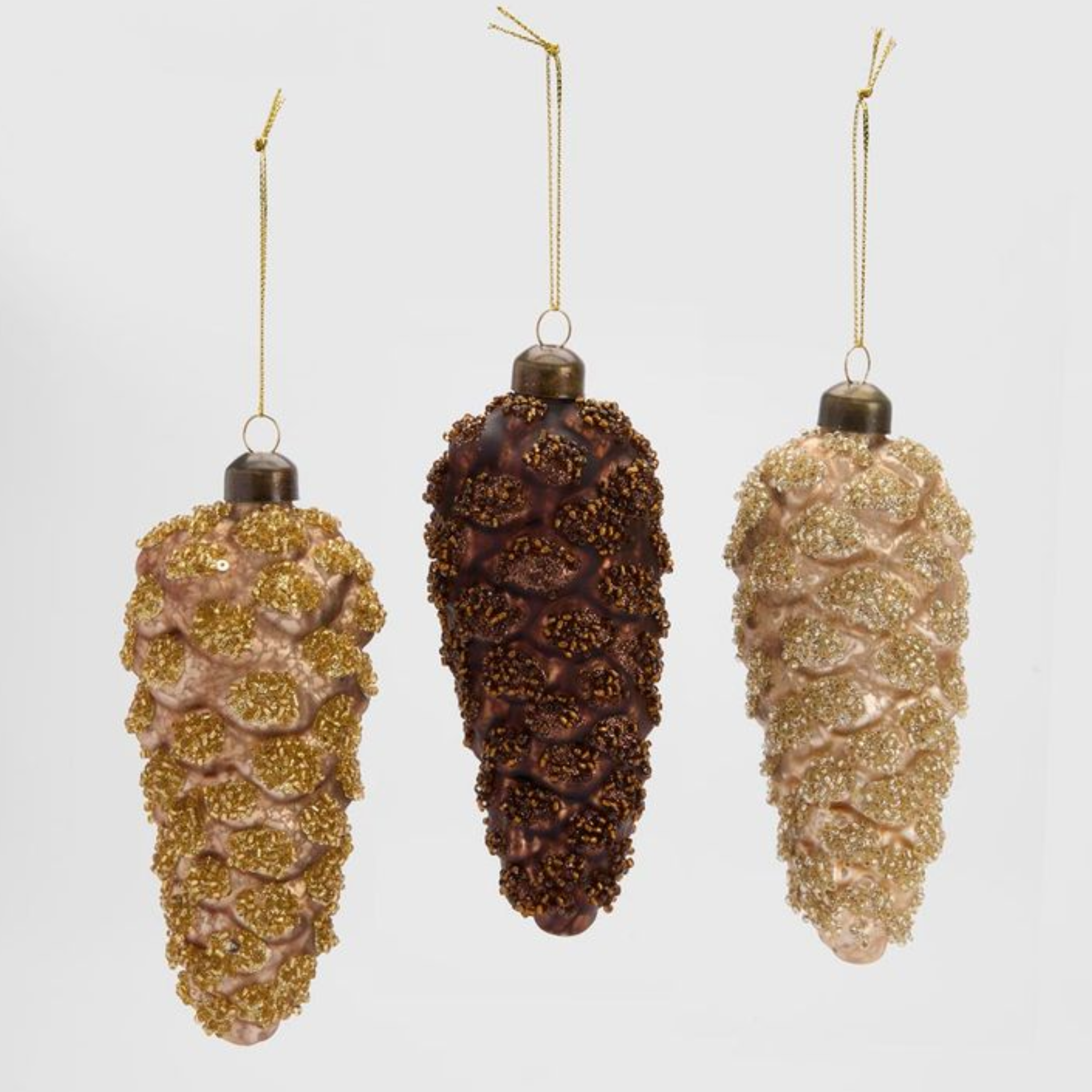 Bronze Glitter Glass Pinecone Decorations Trio