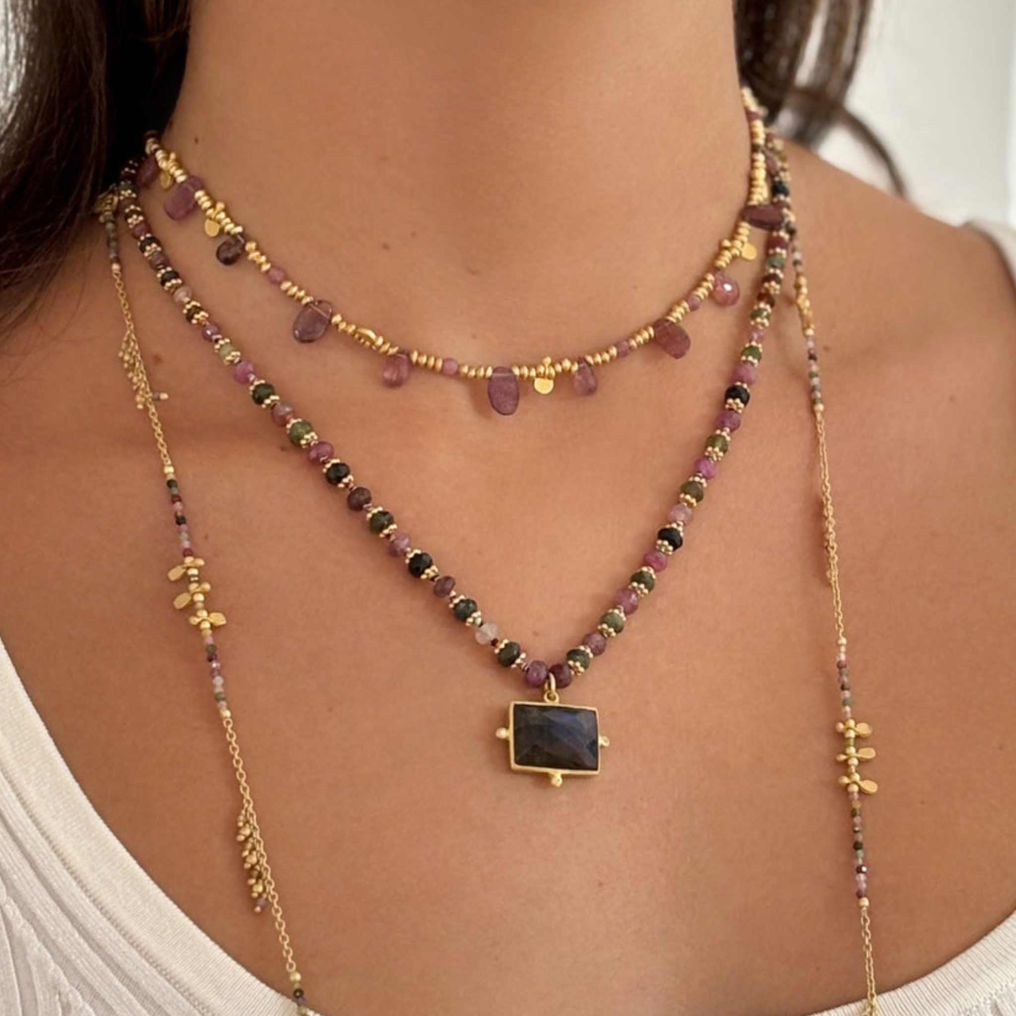 Rubyteva Gold Plated Nehru Pink Tourmaline Adjustable Necklace