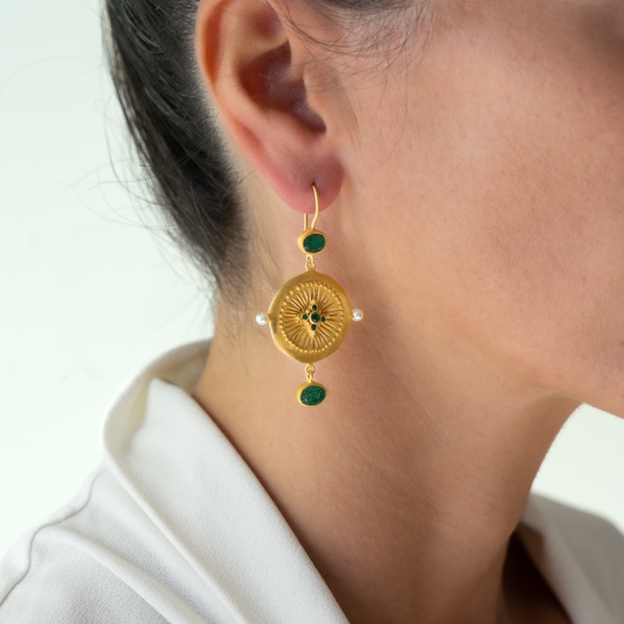 Rubyteva Gold Plated Haveli Earrings with Green Zircon