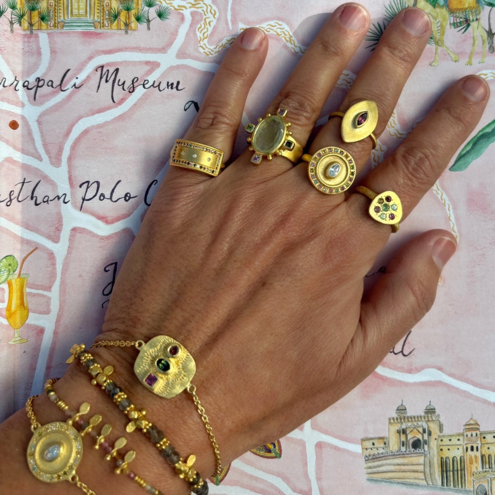 Rubyteva Gold Plated Beldi Multi Tourmaline Adjustable Bracelet