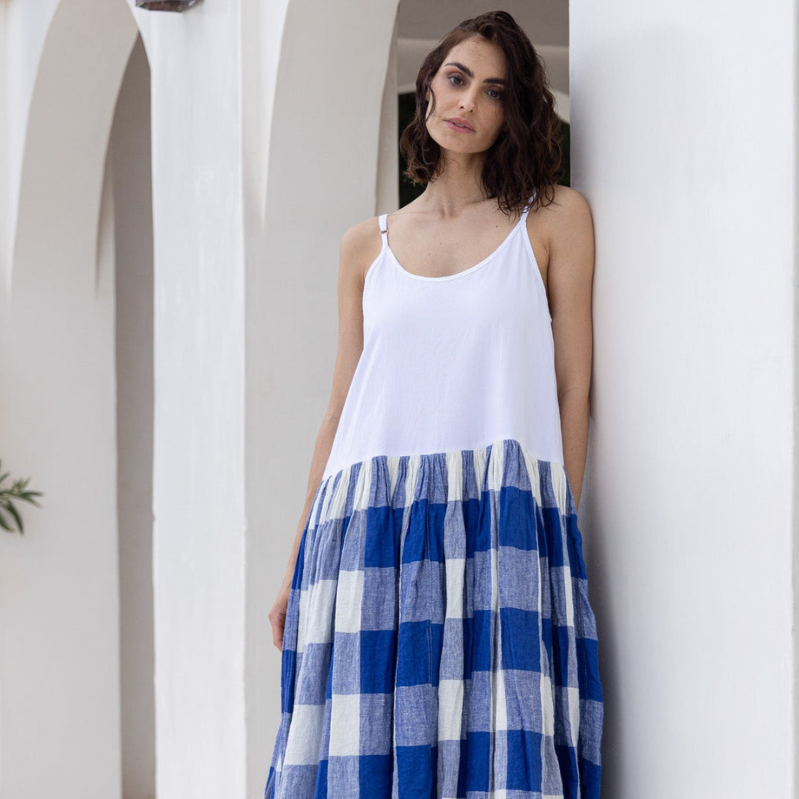 Meg by Design Blue Gingham Cotton & Linen High Tea Slip Dress - Long
