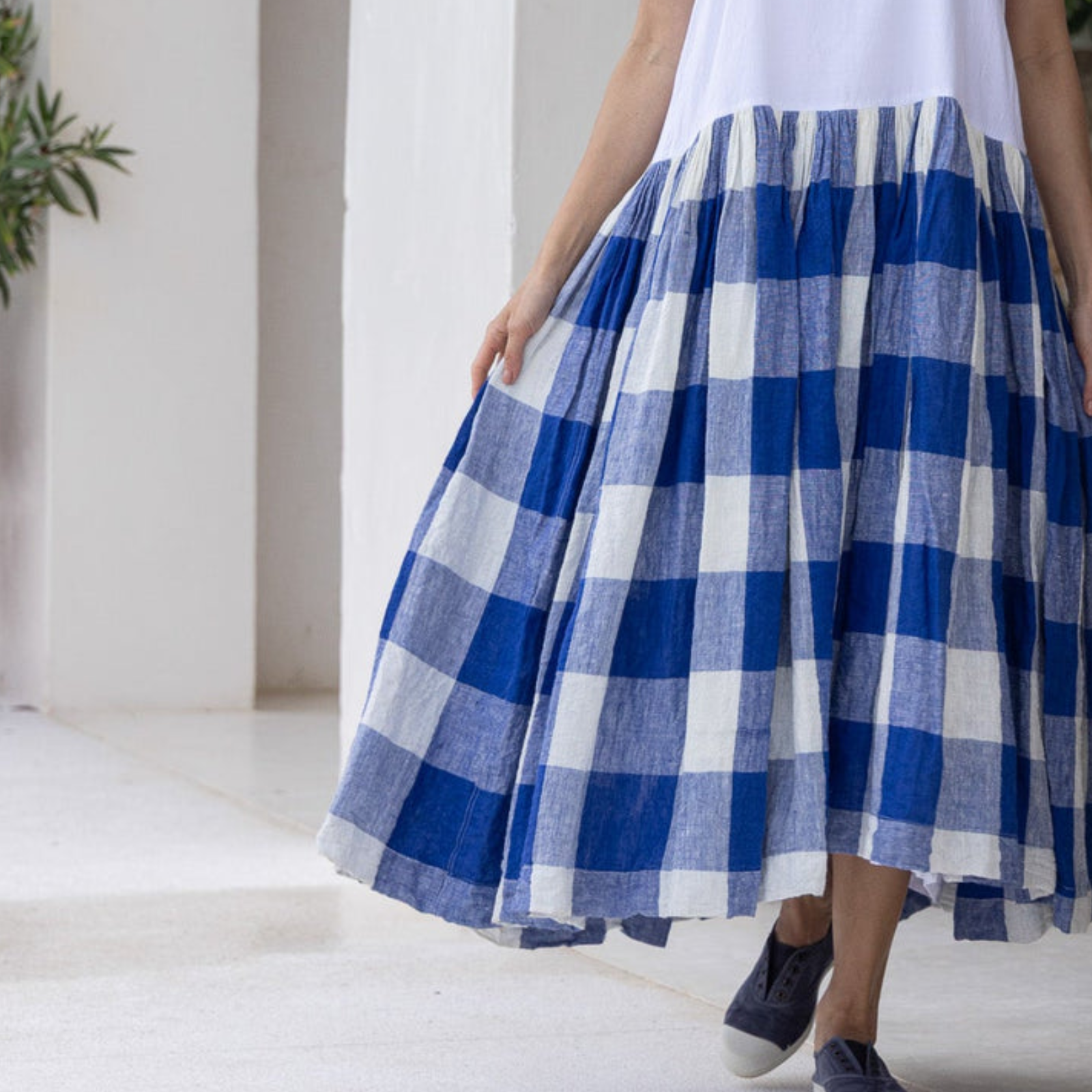 Meg by Design Blue Gingham Cotton & Linen High Tea Slip Dress - Long