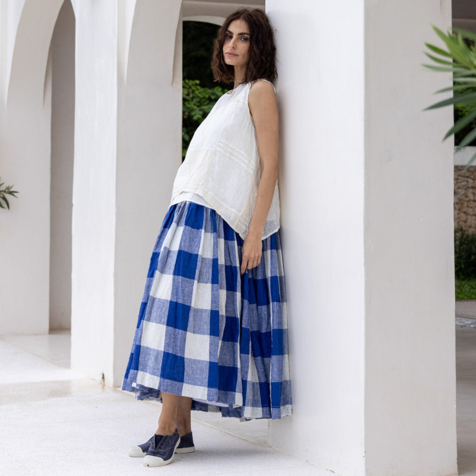 Meg by Design Blue Gingham Cotton & Linen High Tea Slip Dress - Long