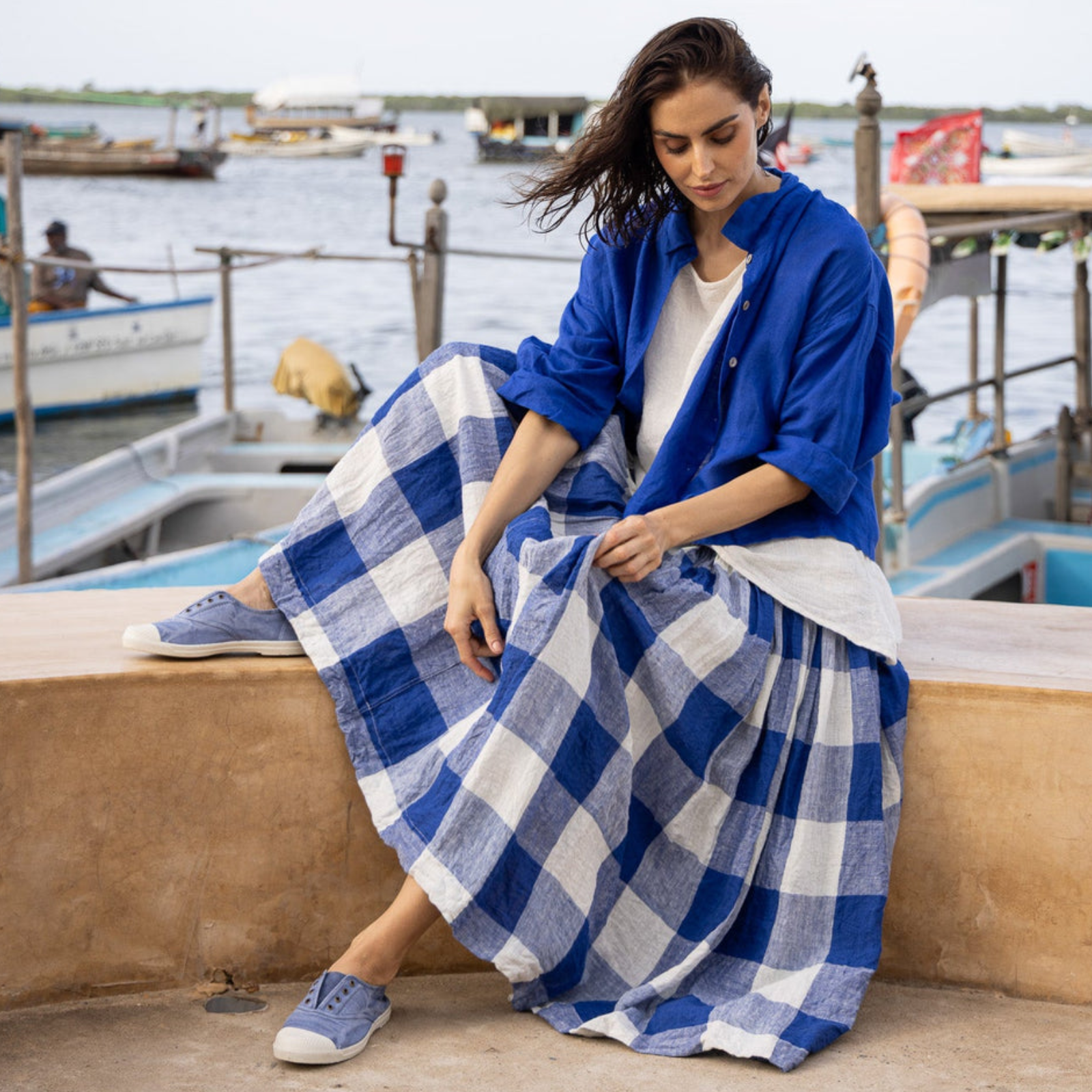 Meg by Design Blue Gingham Cotton & Linen High Tea Slip Dress - Long