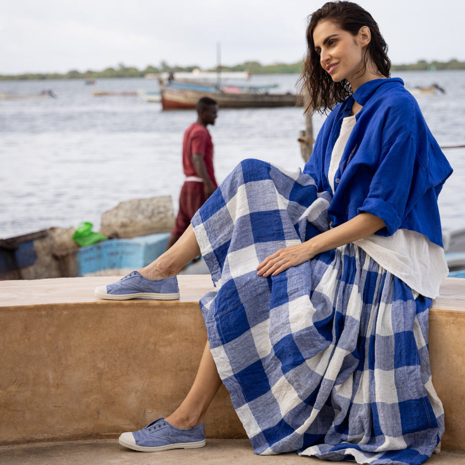 Meg by Design Blue Gingham Cotton & Linen High Tea Slip Dress - Long