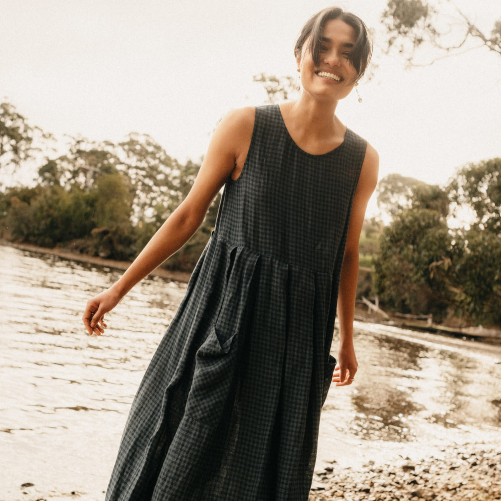 Montaigne Sartene Check Sleeveless Long Linen Dress