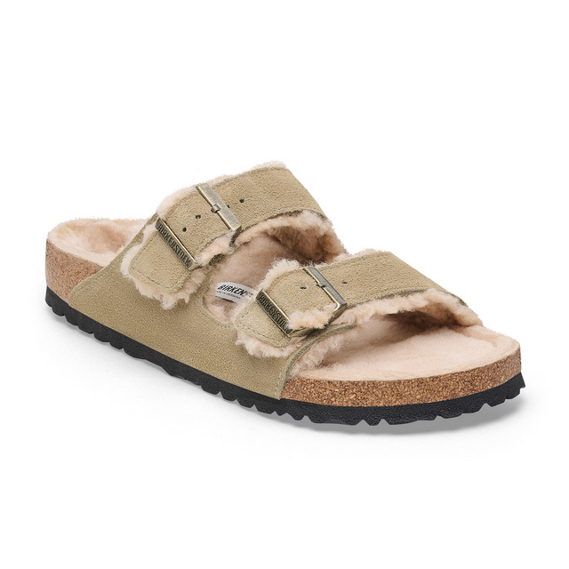 Birkenstock Arizona Suede and Shearling Buckled Sandal