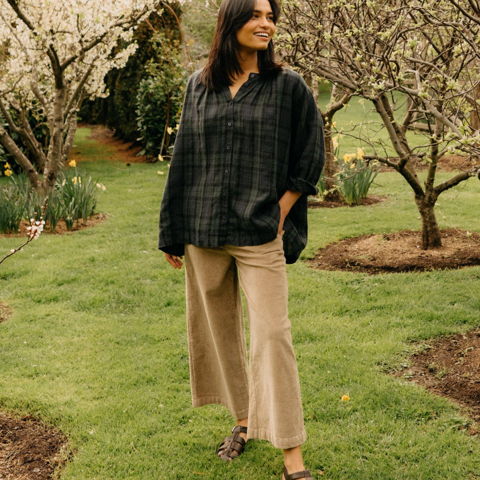 Montaigne Carmen Button Through Long Sleeve Tartan Top