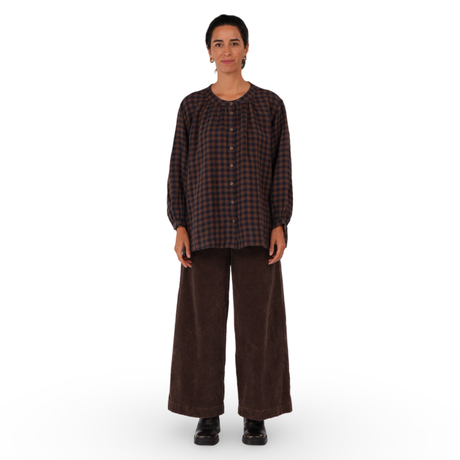 Montaigne Carmen Check Button Through Long Sleeve Linen Top