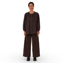 Montaigne Carmen Check Button Through Long Sleeve Linen Top
