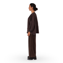 Montaigne Carmen Check Button Through Long Sleeve Linen Top