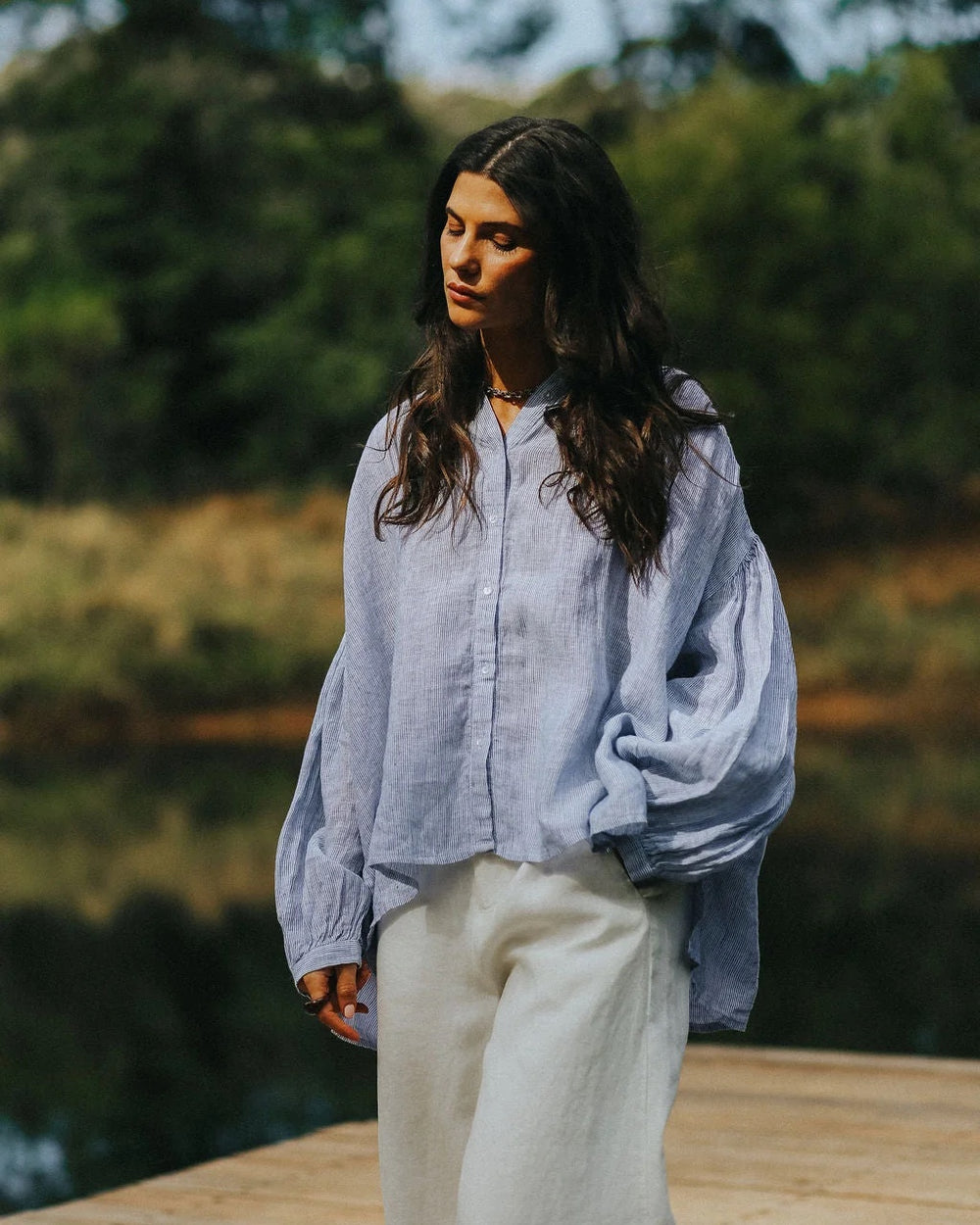 Montaigne Mila Fine Blue Stripe Linen Top