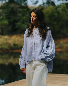 Montaigne Mila Fine Blue Stripe Linen Top