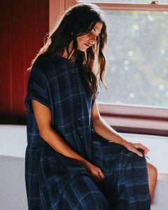 Montaigne Juliette Blue Check Button Up Linen Dress