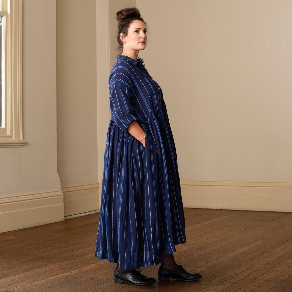 Meg By Design Edith Navy Pinstripe Linen Dress