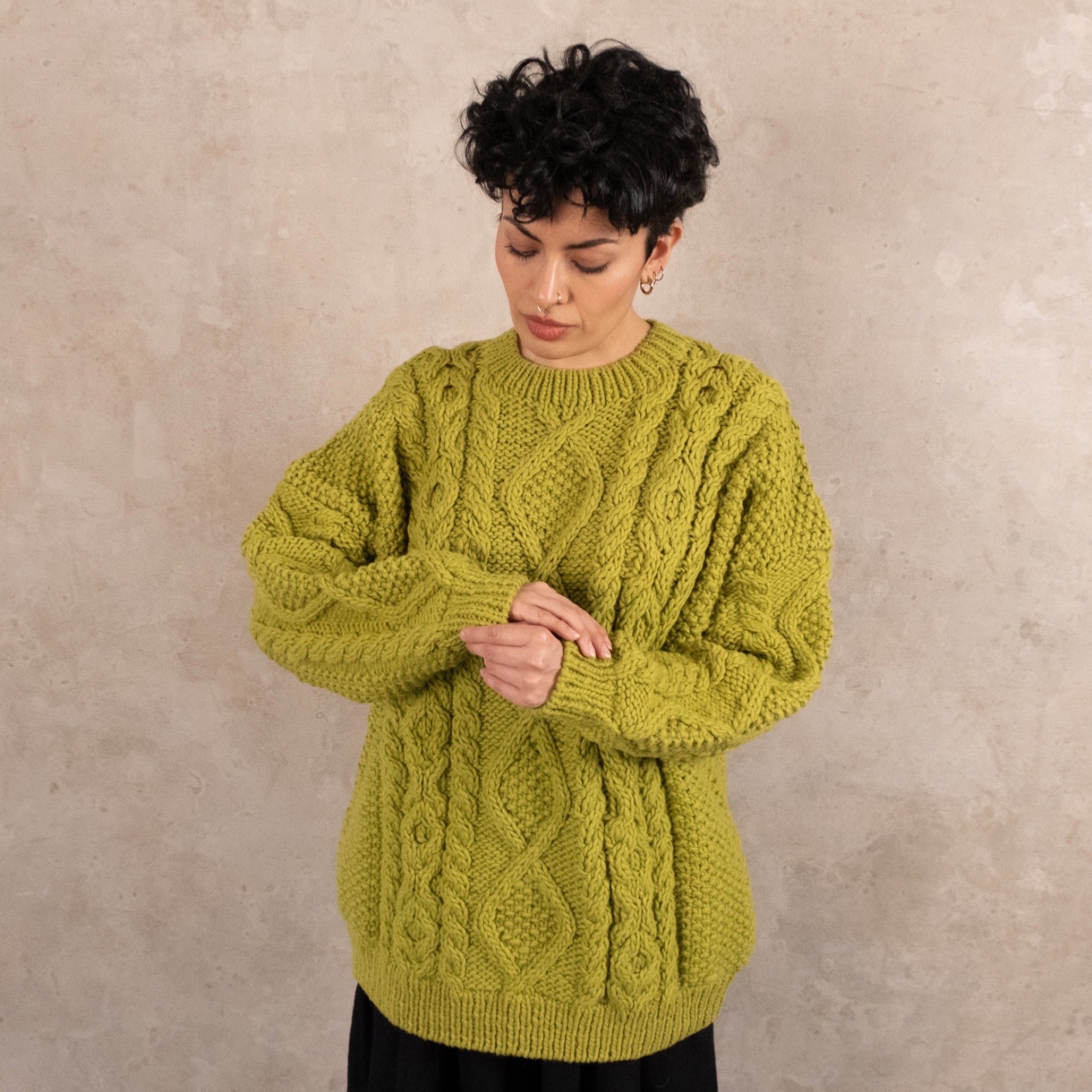 Ichi Antiquités Peruvian Hand Knitted Pistachio Cable Wool Sweater