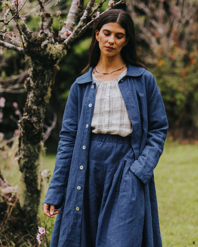Montaigne Peter Pan Collar Indigo Linen Coat