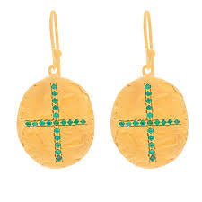 Rubyteva God Beaten Oval Green Zircon Cross earrings