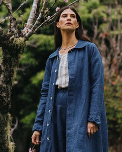 Montaigne Peter Pan Collar Indigo Linen Coat