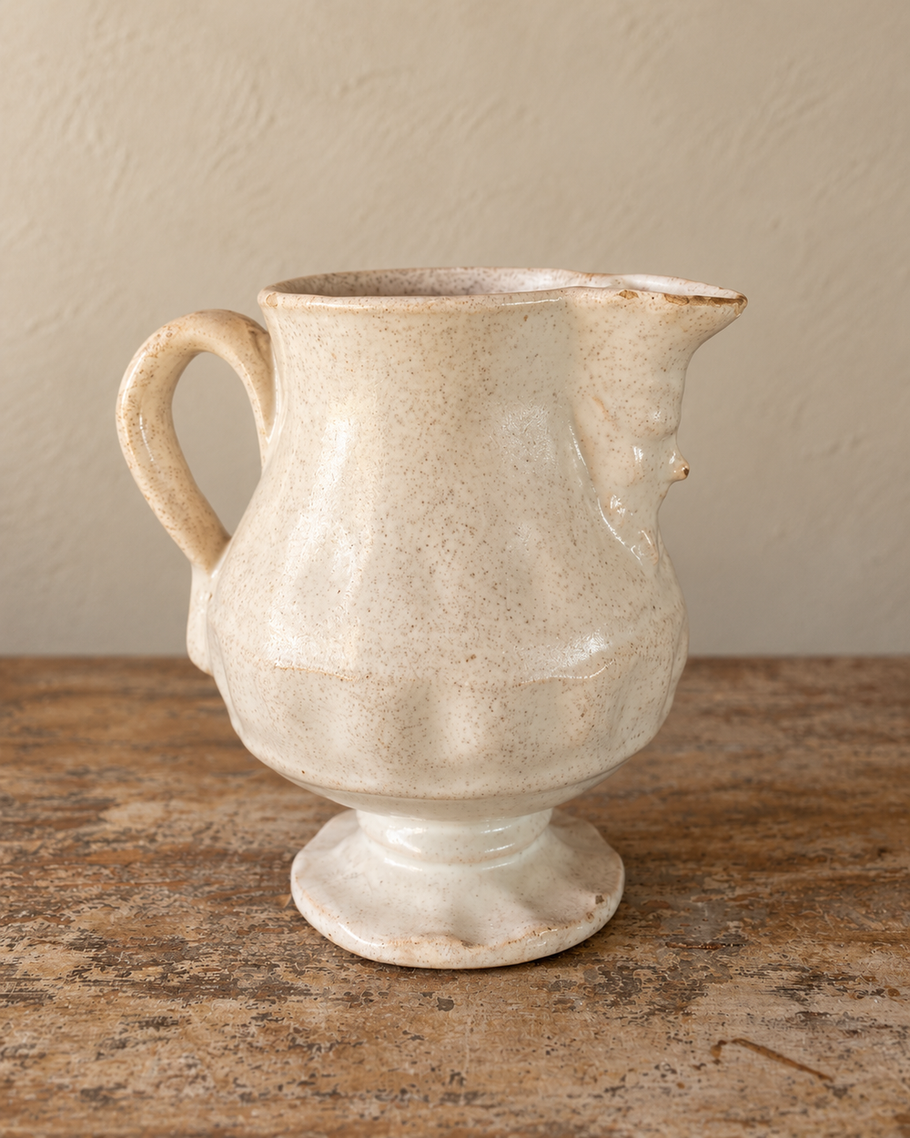 Antique Italian Small Cream Majolica Jug With Face Spout Detail