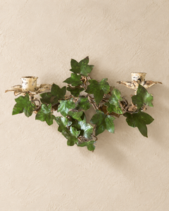 Pair of Italian Vintage Toleware Painted Ivy Metal Candelabra Wall Sconces