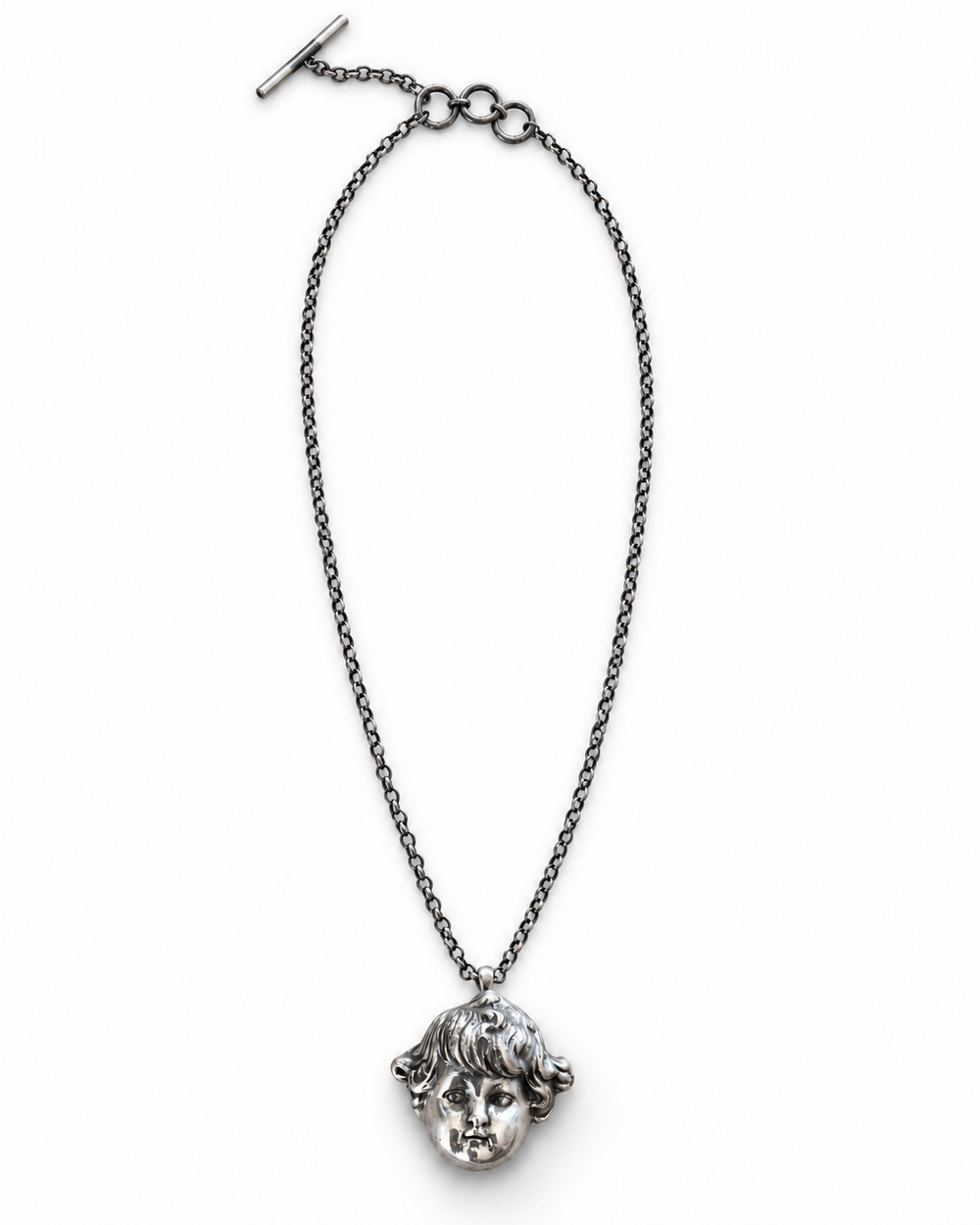 Manteau Noir French Dolls Head Sterling Silver Pendant and Chain