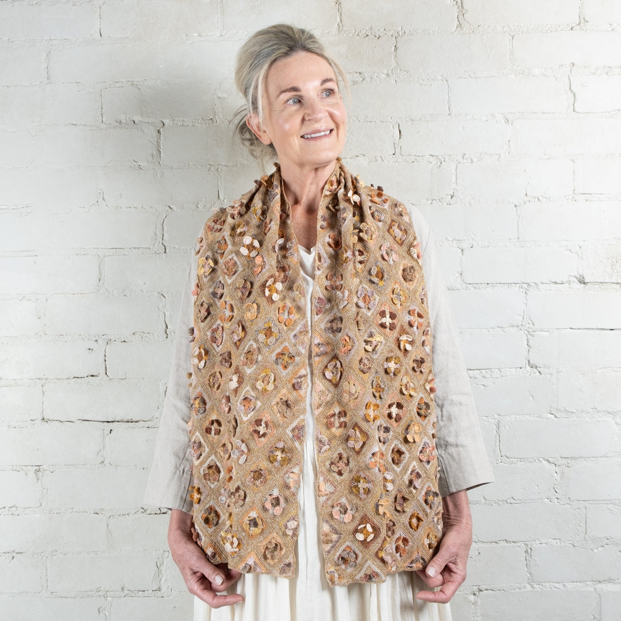 Sophie Digard Ecru & Azalea Hand Crochet Linen Scarf 18cm x 155cm