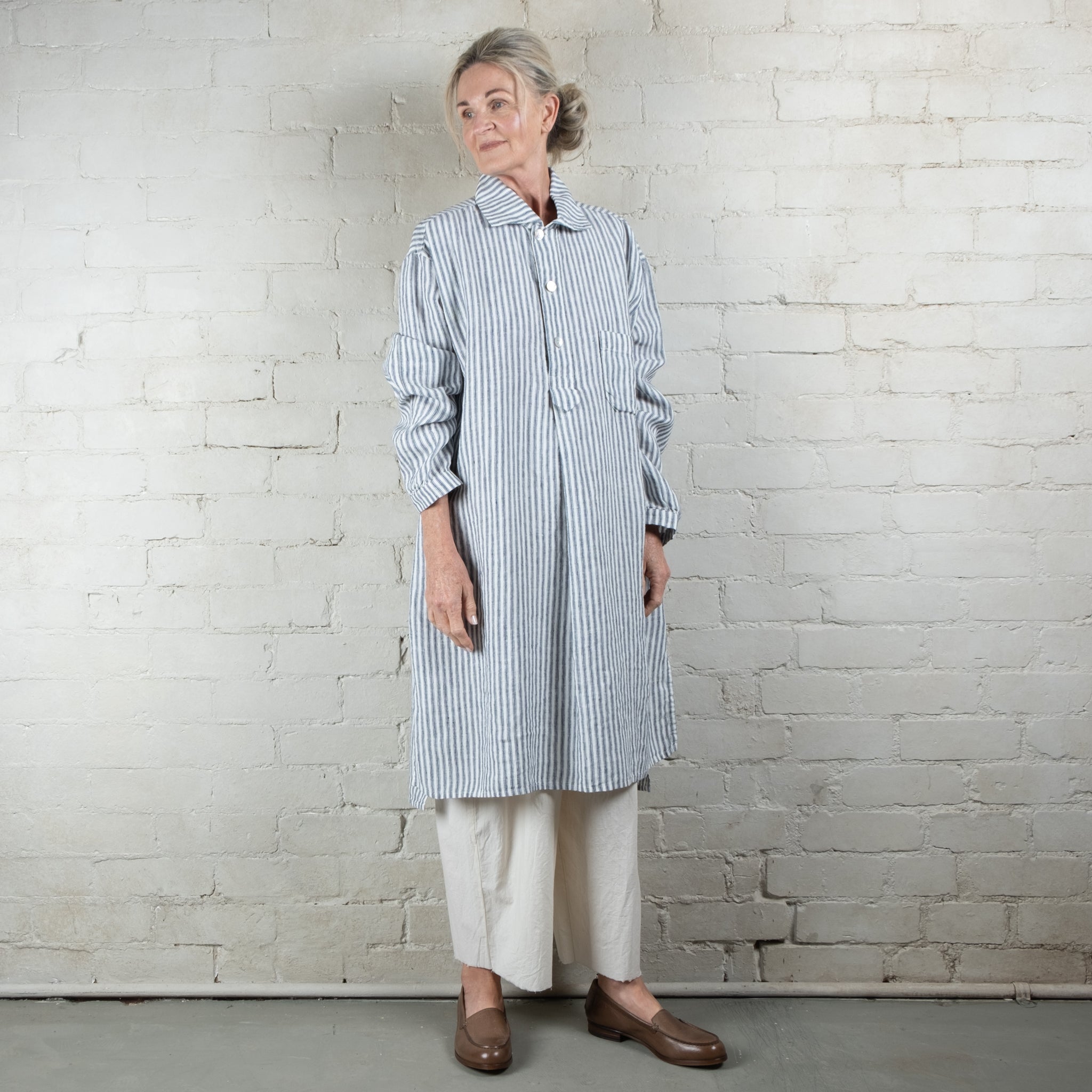 Navy & Black Striped French Linen Night Shirt Dress