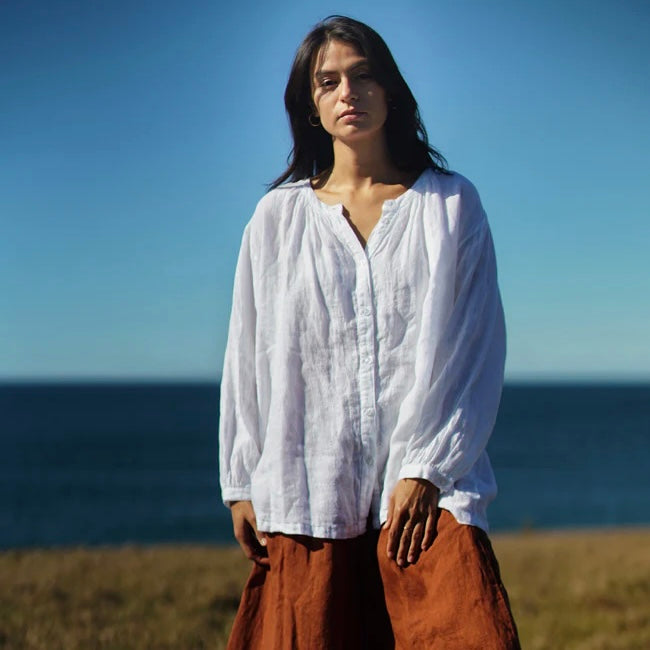 Montaigne Carmen Button Through Long Sleeve Linen Top