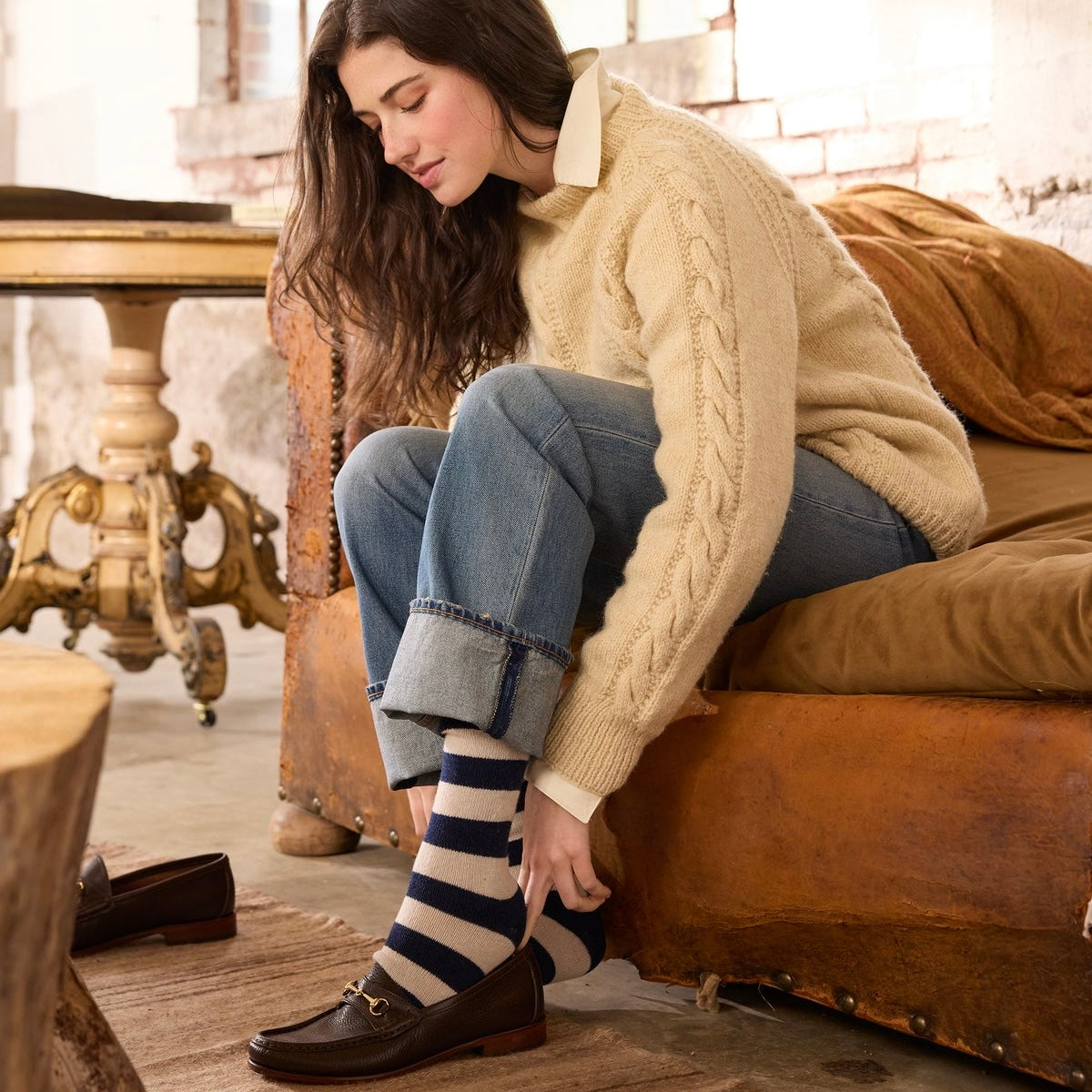 Lisa B Wool Cashmere Rugby Stripe Crew Socks