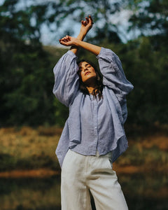 Montaigne Mila Fine Blue Stripe Linen Top
