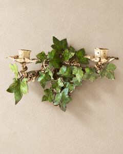 Pair of Italian Vintage Toleware Painted Ivy Metal Candelabra Wall Sconces