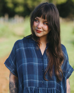 Montaigne Juliette Blue Check Button Up Linen Dress