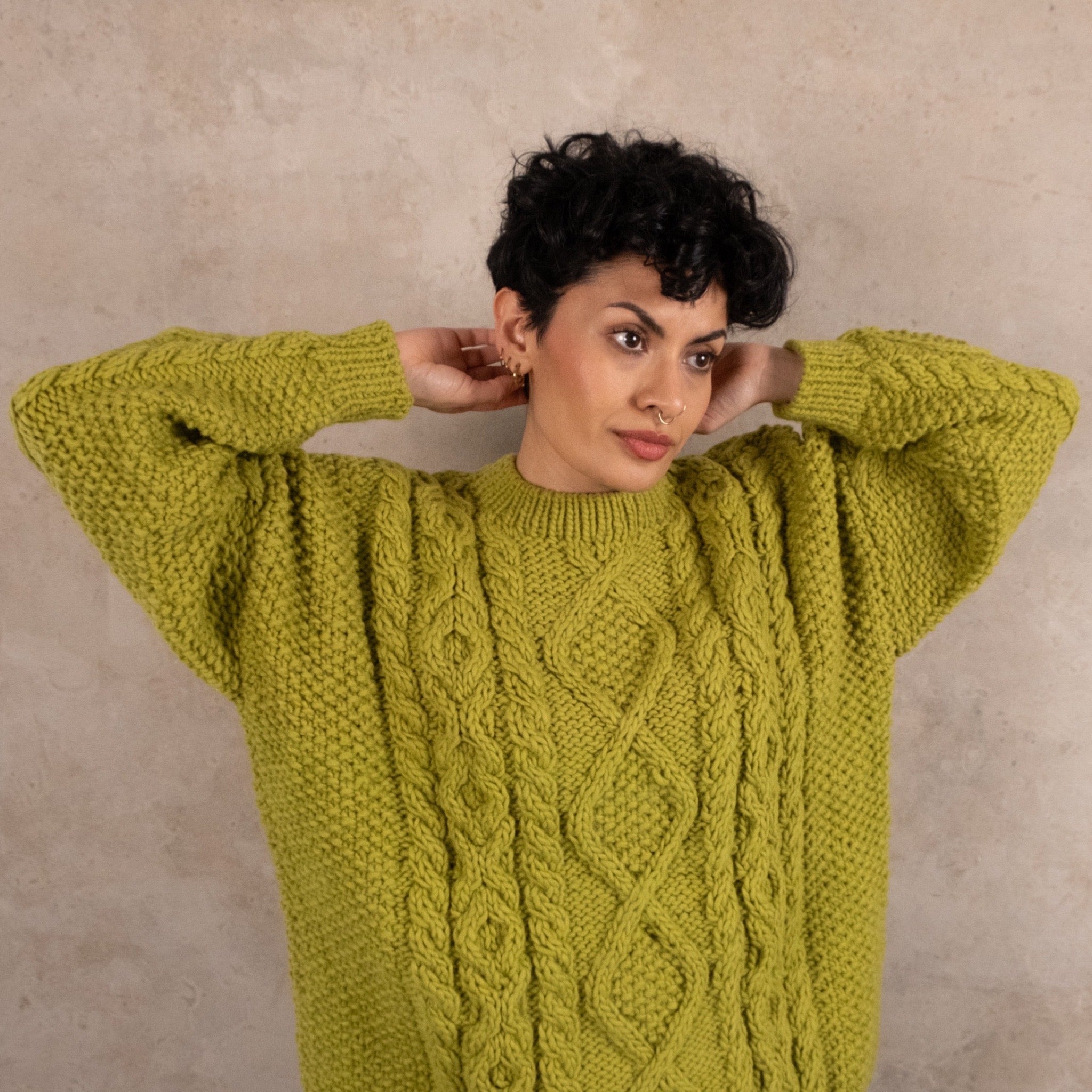 Ichi Antiquités Peruvian Hand Knitted Pistachio Cable Wool Sweater