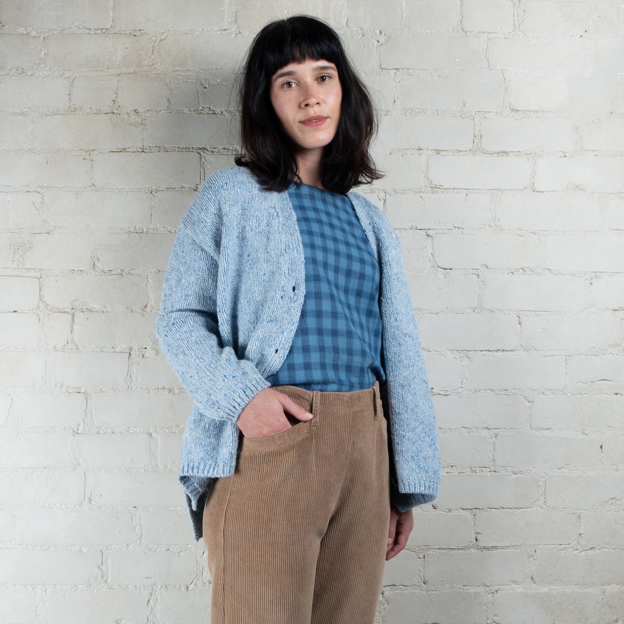 Fisherman Out of Ireland Mist Blue Slouchy V Neck Donegal Cardigan