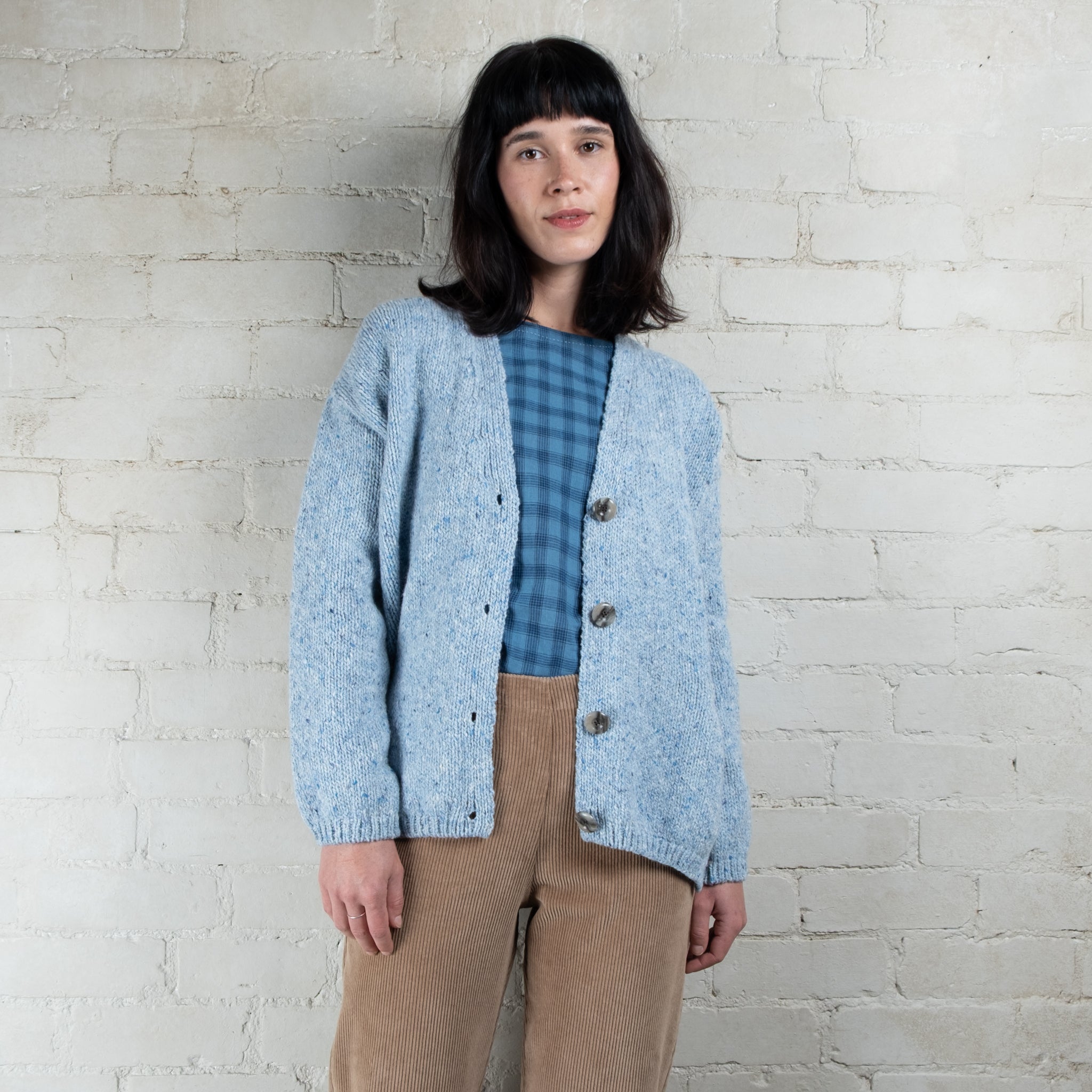 Fisherman Out of Ireland Mist Blue Slouchy V Neck Donegal Cardigan