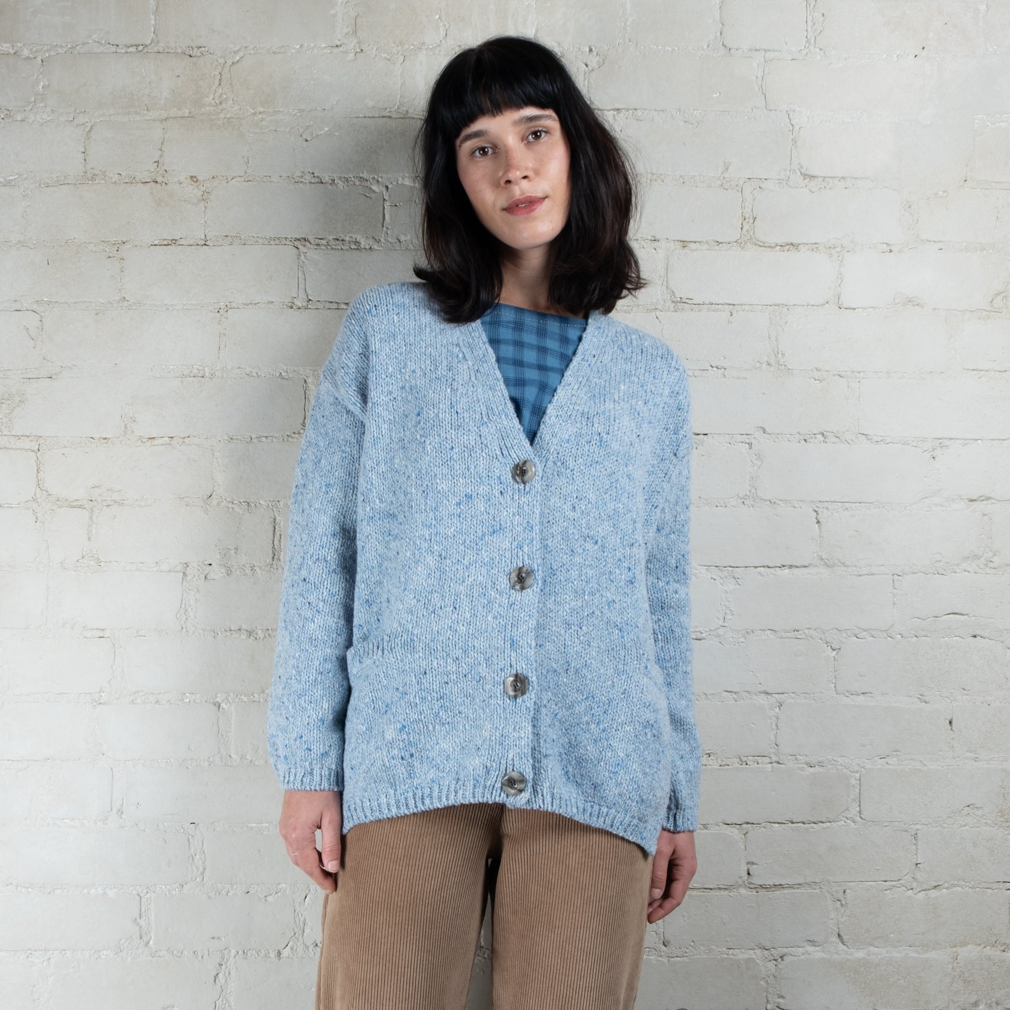Fisherman Out of Ireland Mist Blue Slouchy V Neck Donegal Cardigan
