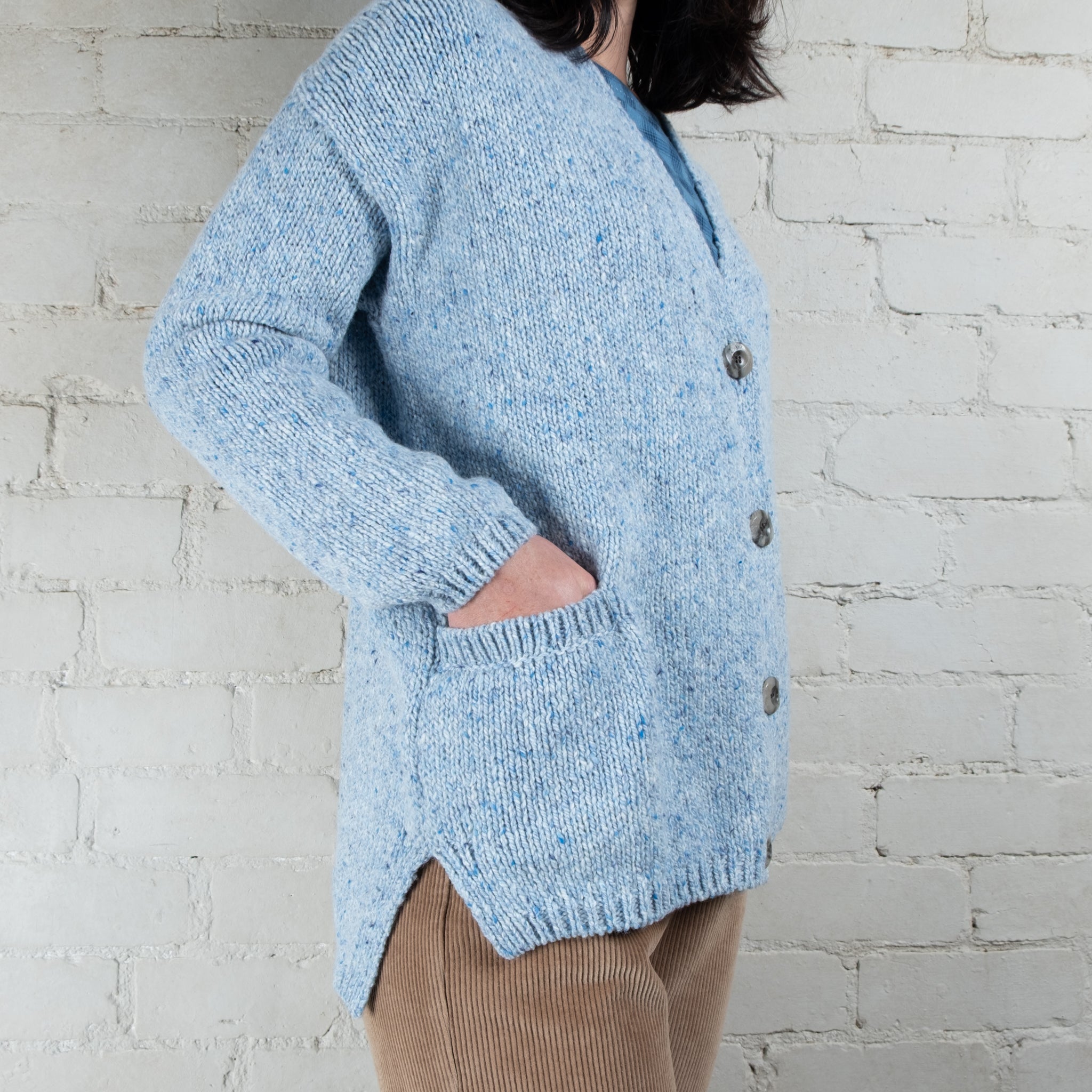 Fisherman Out of Ireland Mist Blue Slouchy V Neck Donegal Cardigan