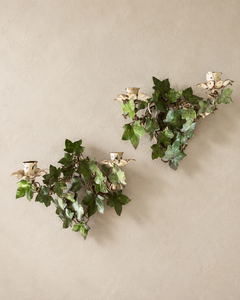 Pair of Italian Vintage Toleware Painted Ivy Metal Candelabra Wall Sconces