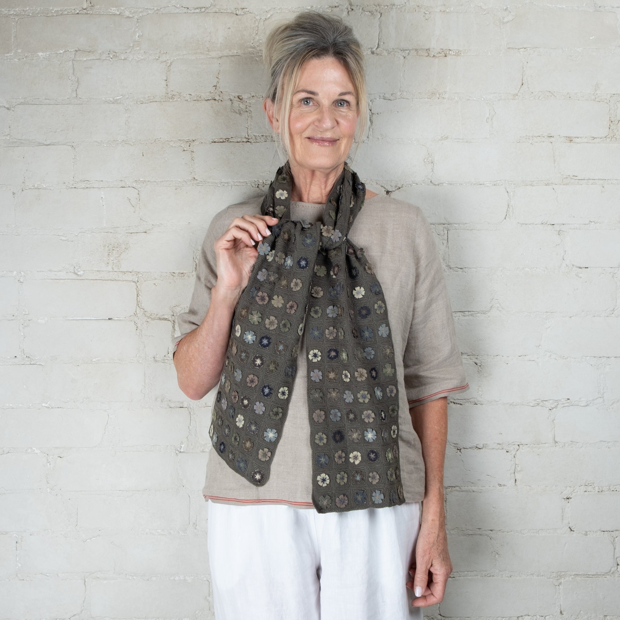 Sophie Digard Hand Crocheted Medium Wool Scarf with Small Raised Woven Flowers