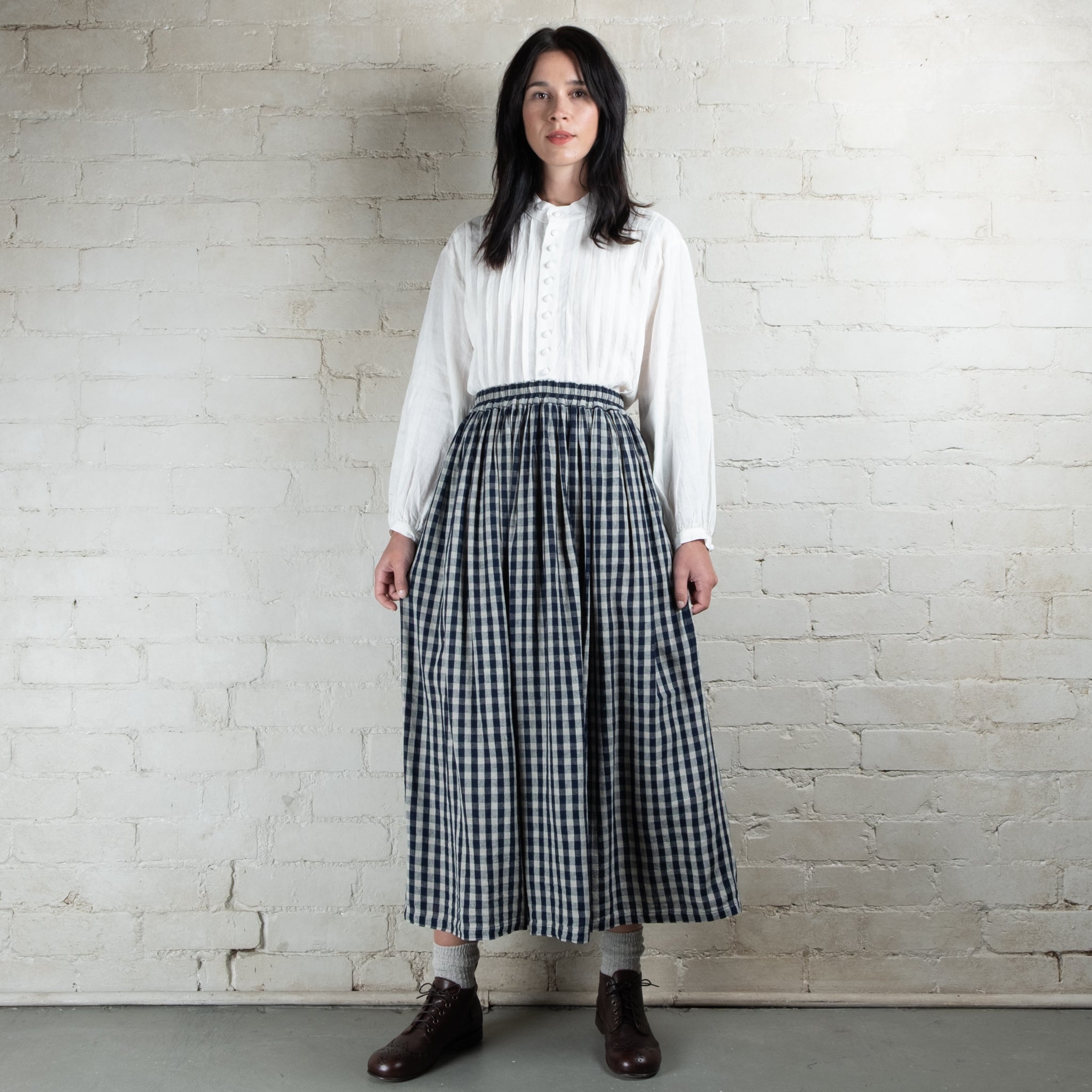 Ichi Antiquités Linen Cotton Gingham Check Skirt