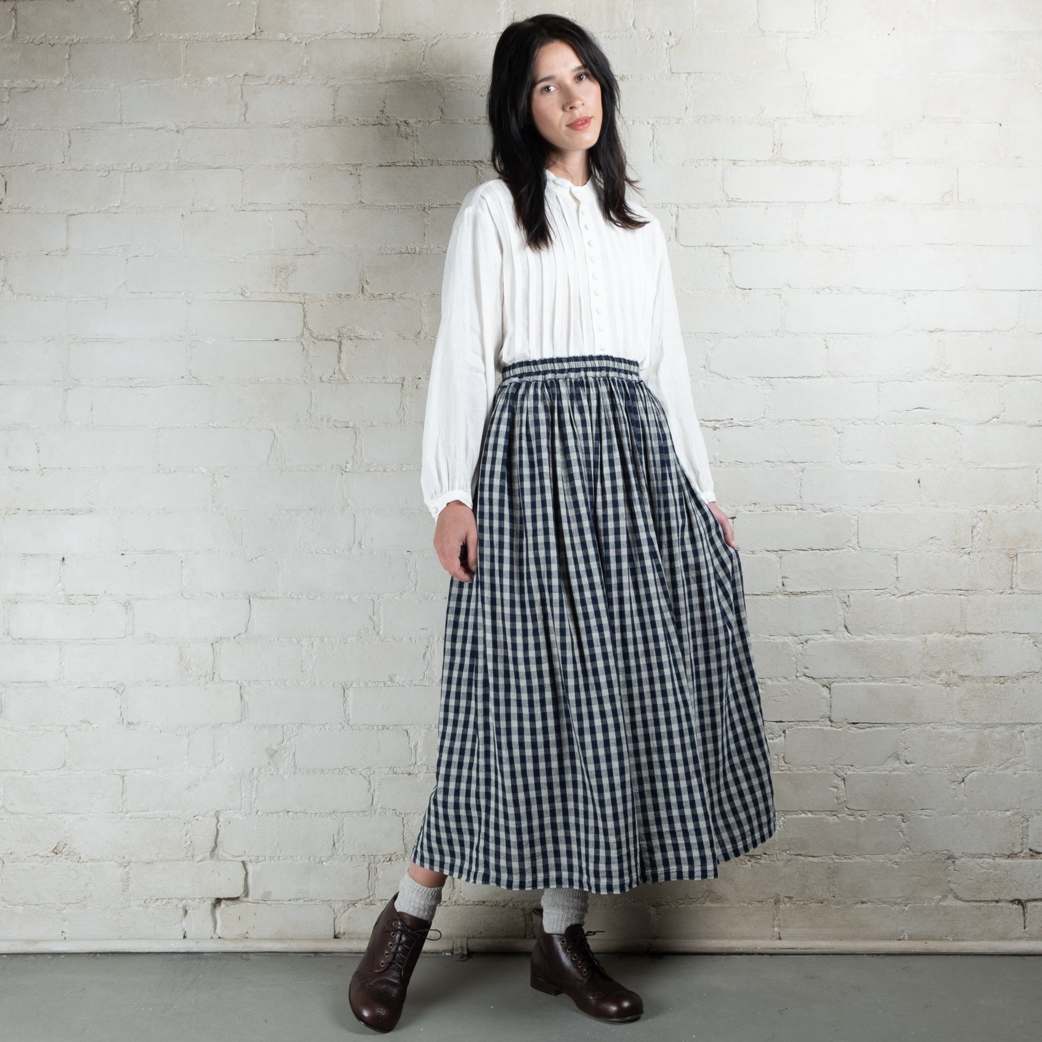 Ichi Antiquités Linen Cotton Gingham Check Skirt