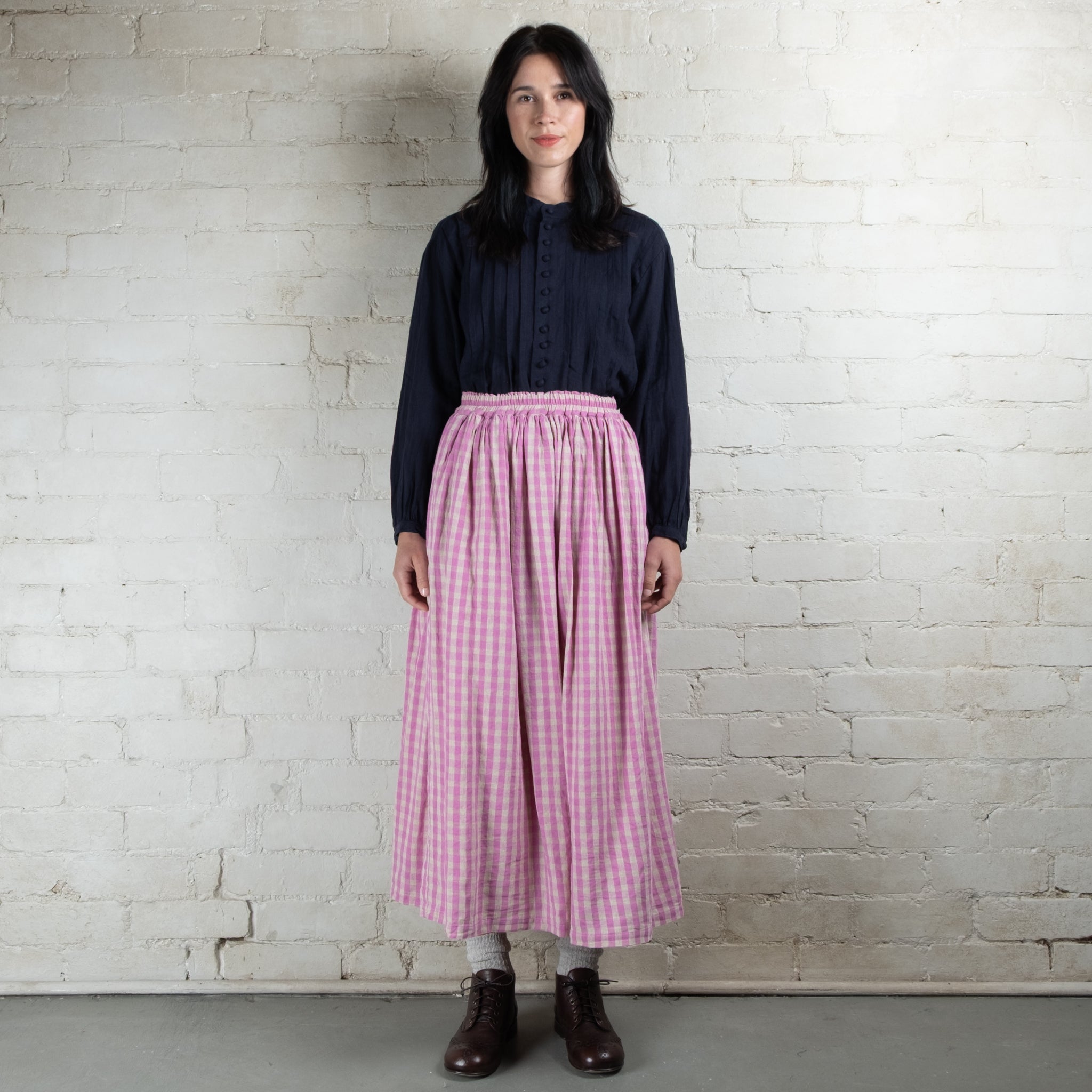 Ichi Antiquités Linen Cotton Gingham Check Skirt