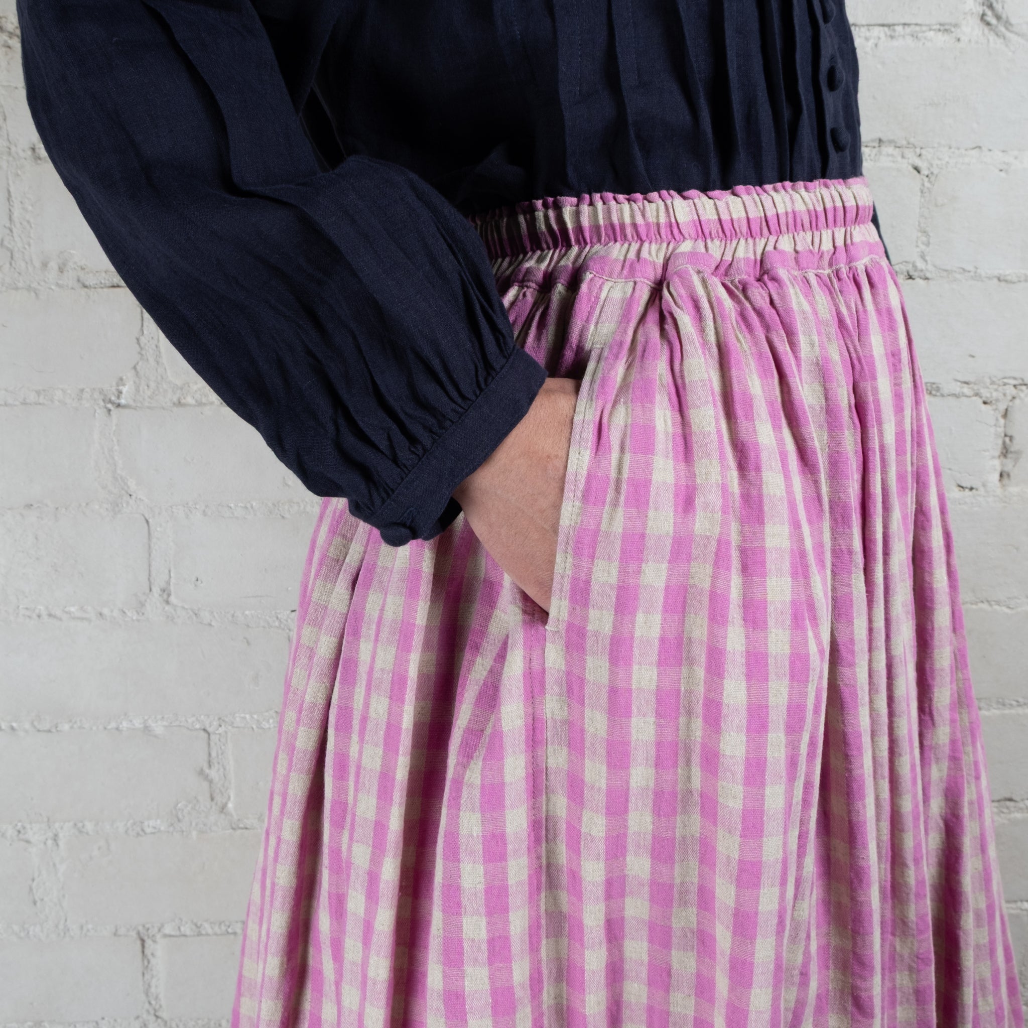 Ichi Antiquités Linen Cotton Gingham Check Skirt
