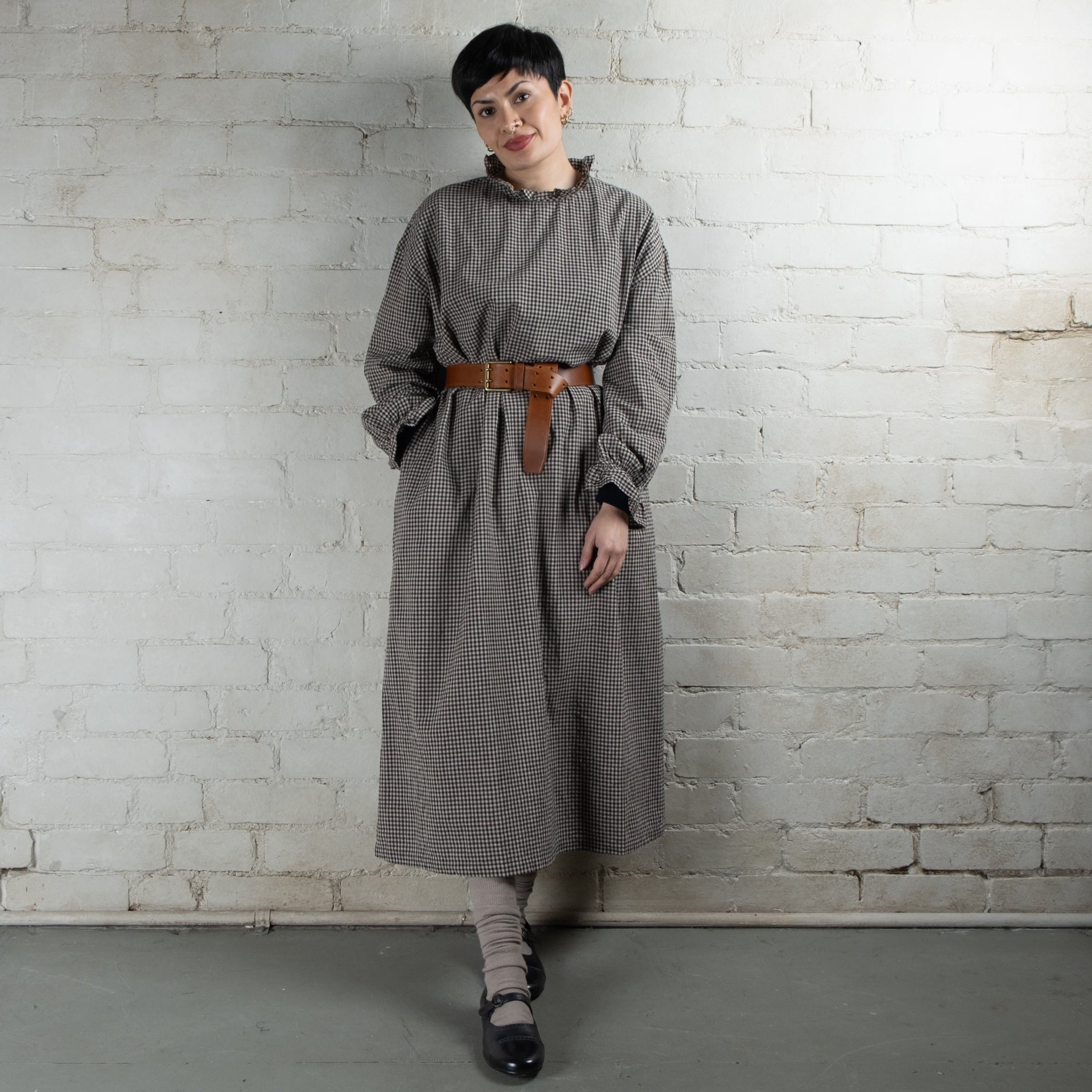 Ichi Antiquités Cotton & Linen Gingham Frilled Collar Dress