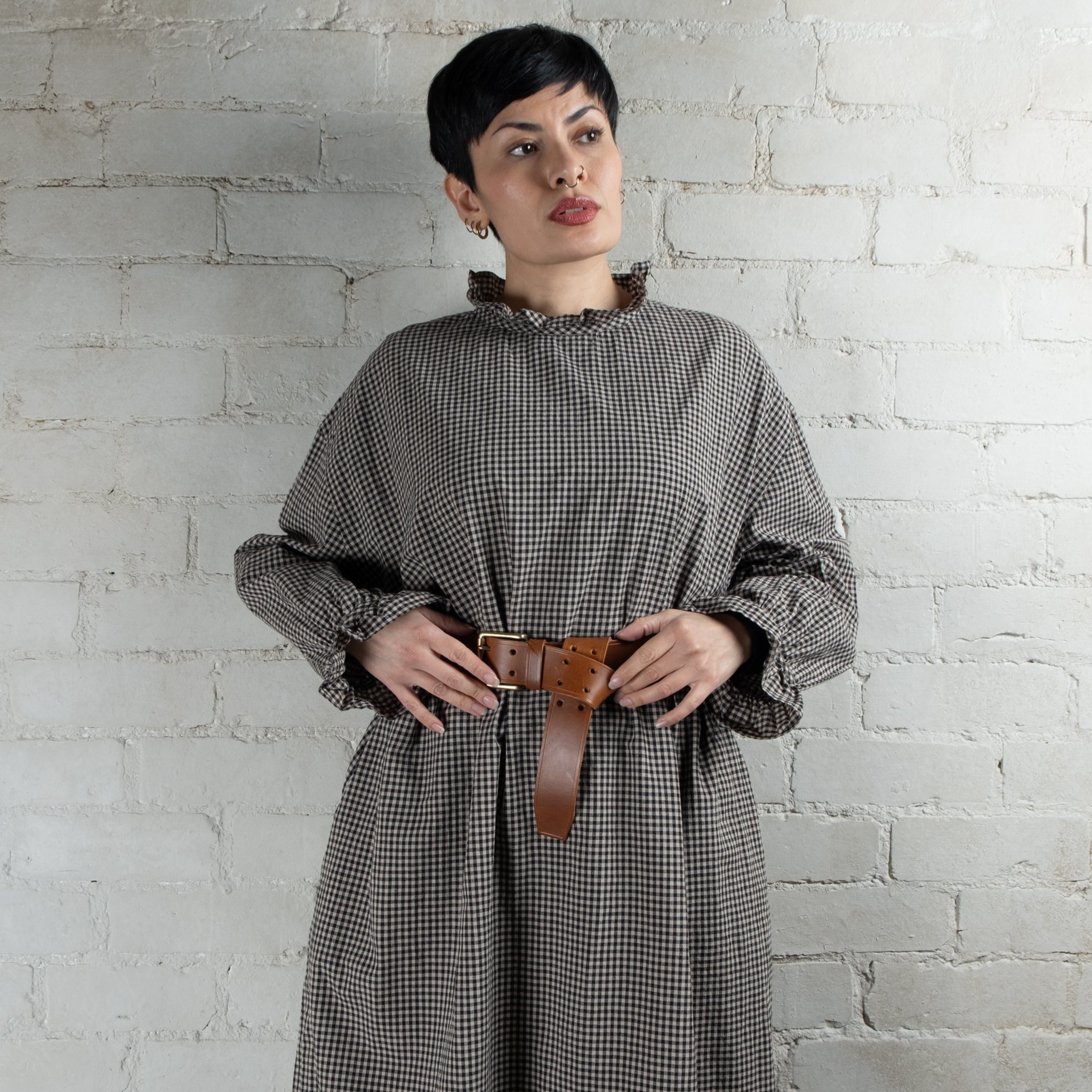 Ichi Antiquités Cotton & Linen Gingham Frilled Collar Dress